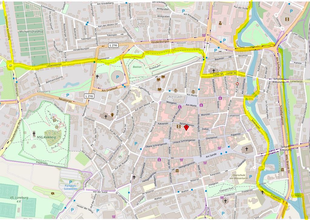 Karte der Lüneburger Innenstadt mit Start und Ende der Süd- und der Nordschleife der Ilmenau-Tour © Open Street Map